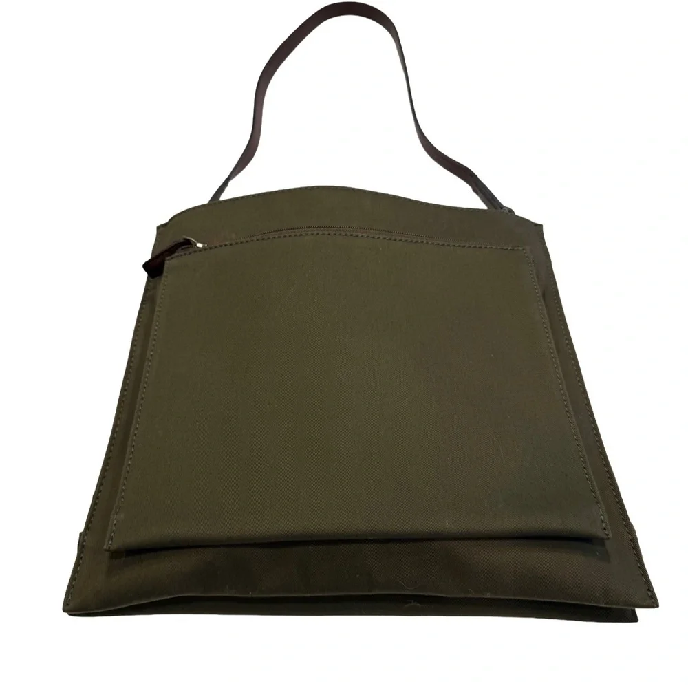 Tano New York Olive Green Canvas Shoulder Bag 3 Center Comp, Outside Zip NWT